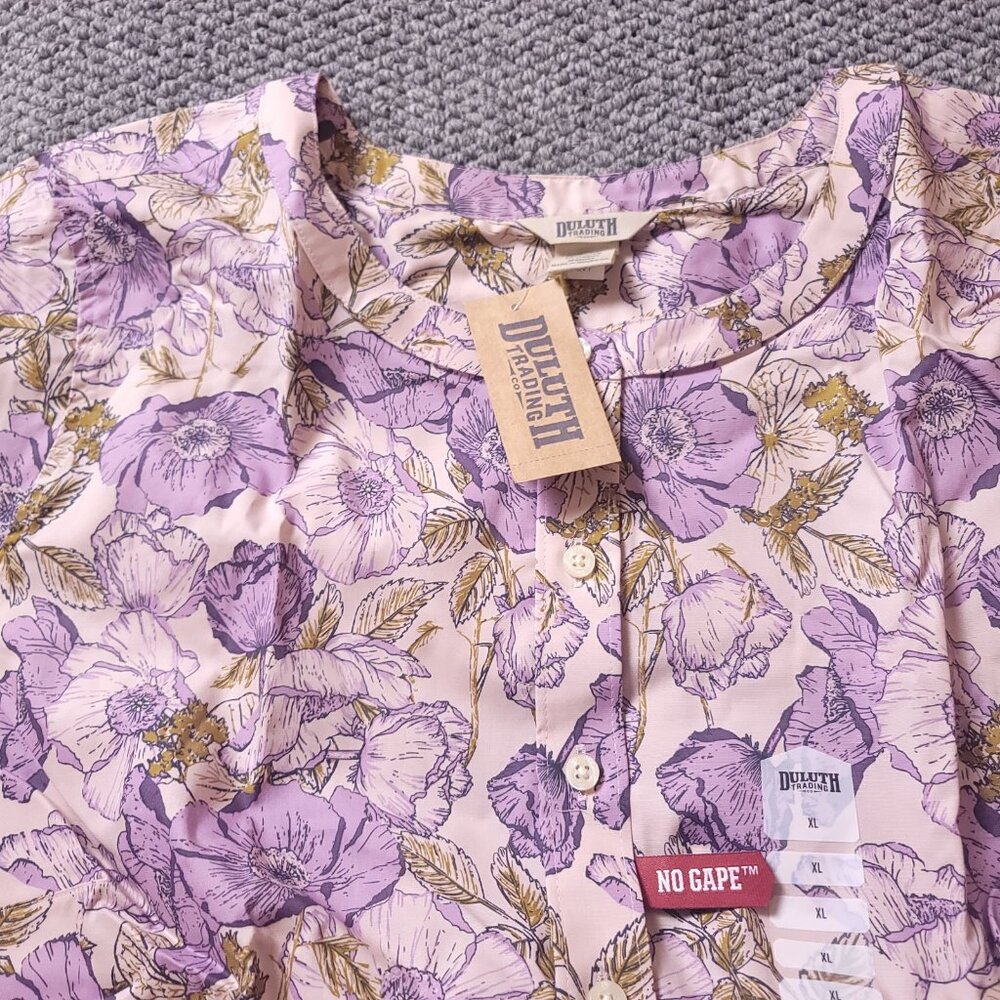 Duluth Womens Wrinkle Fighter Tunic No Gape Floral  Purple Button Shirt Pink - Picture 6 of 12